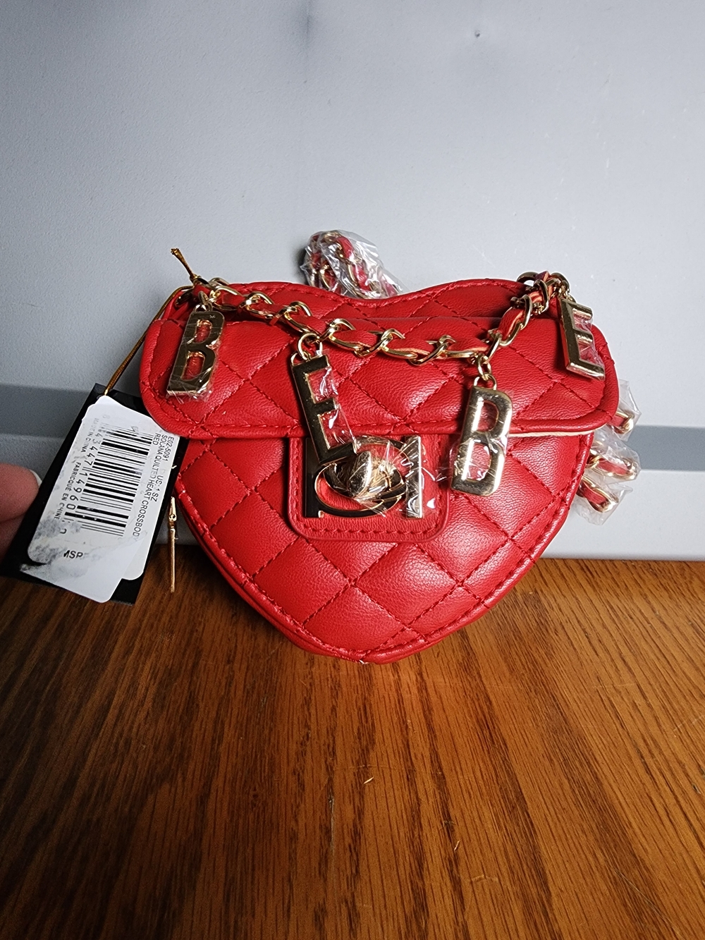 NWT bebe Red Quilted Heart Mini Bag with Gold Chain Letter Charms